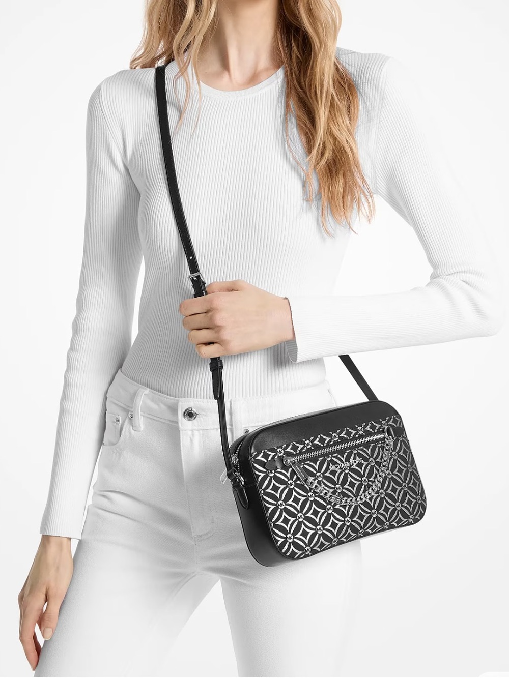 Michael Kors Jet Set Large Metallic Silver Black Logo Jacquard Crossbody Bag